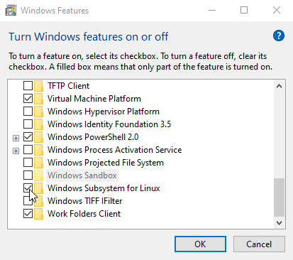 Windows Features dialog showing the Windows Subsystem for Linux option enabled